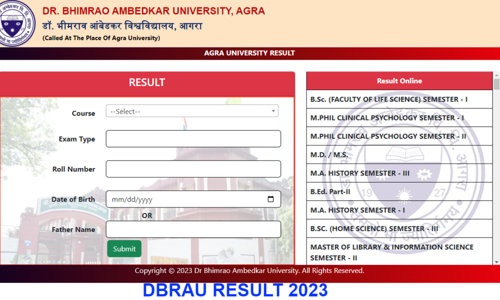 DBRAU B.Com Result 2024 For 1st. 2nd 3rd Year Agra University