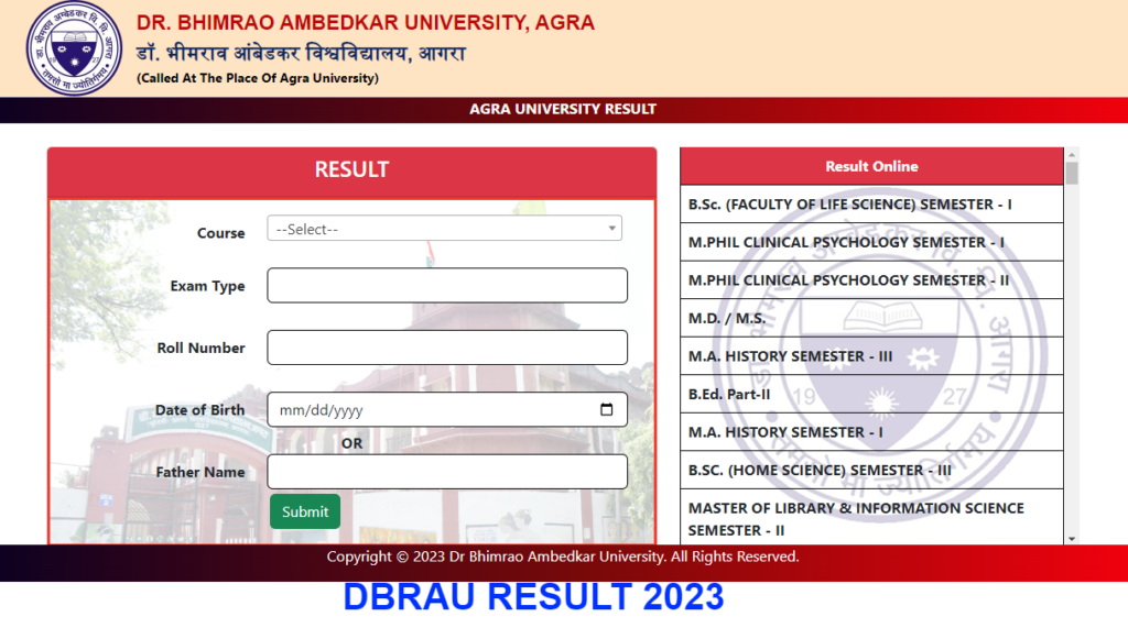 DBRAU Result 2024 Link (OUT) BA Bsc Bcom MA MSc MCom